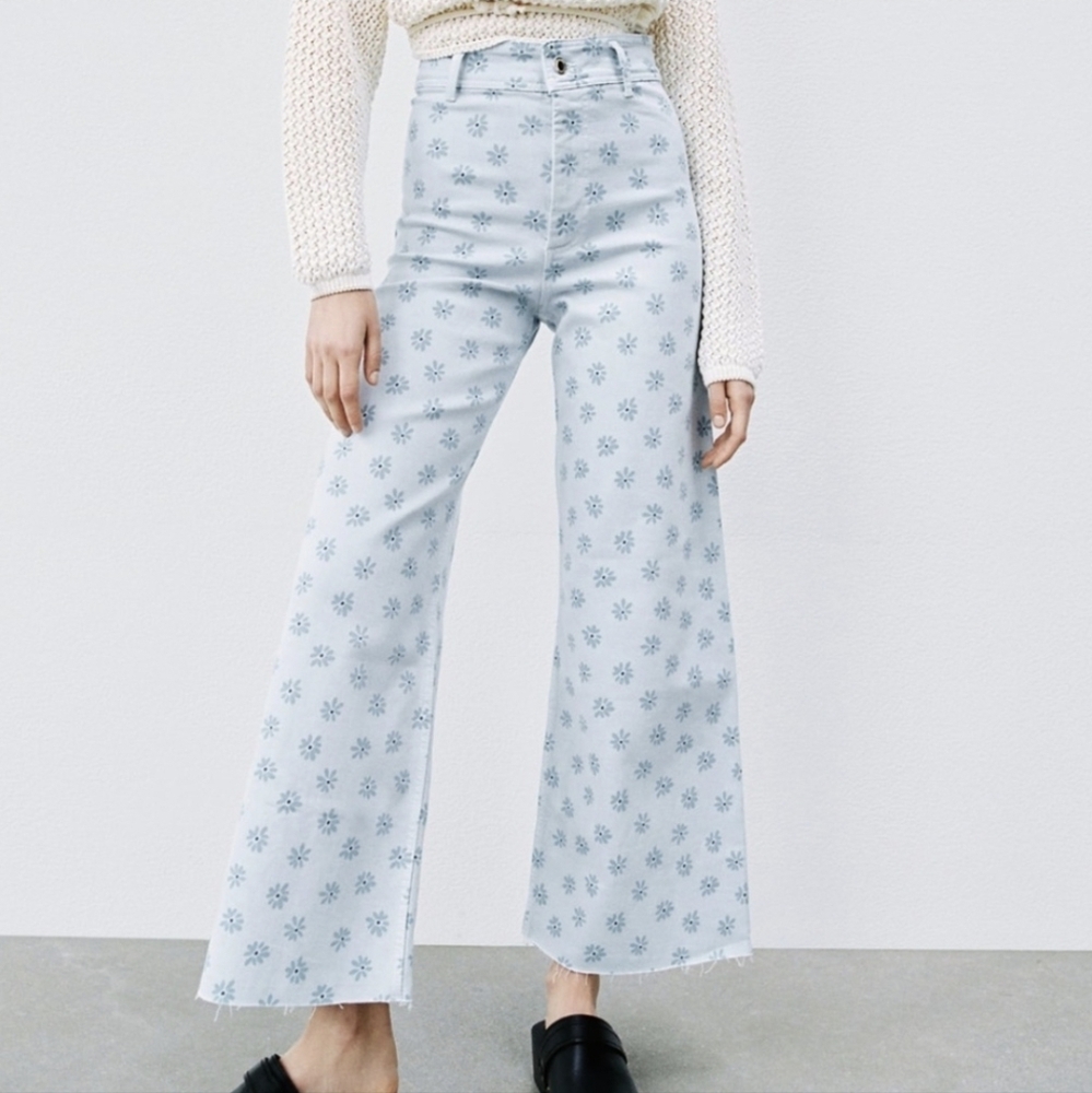 Zara Light Blue Floral Wide Leg Jeans